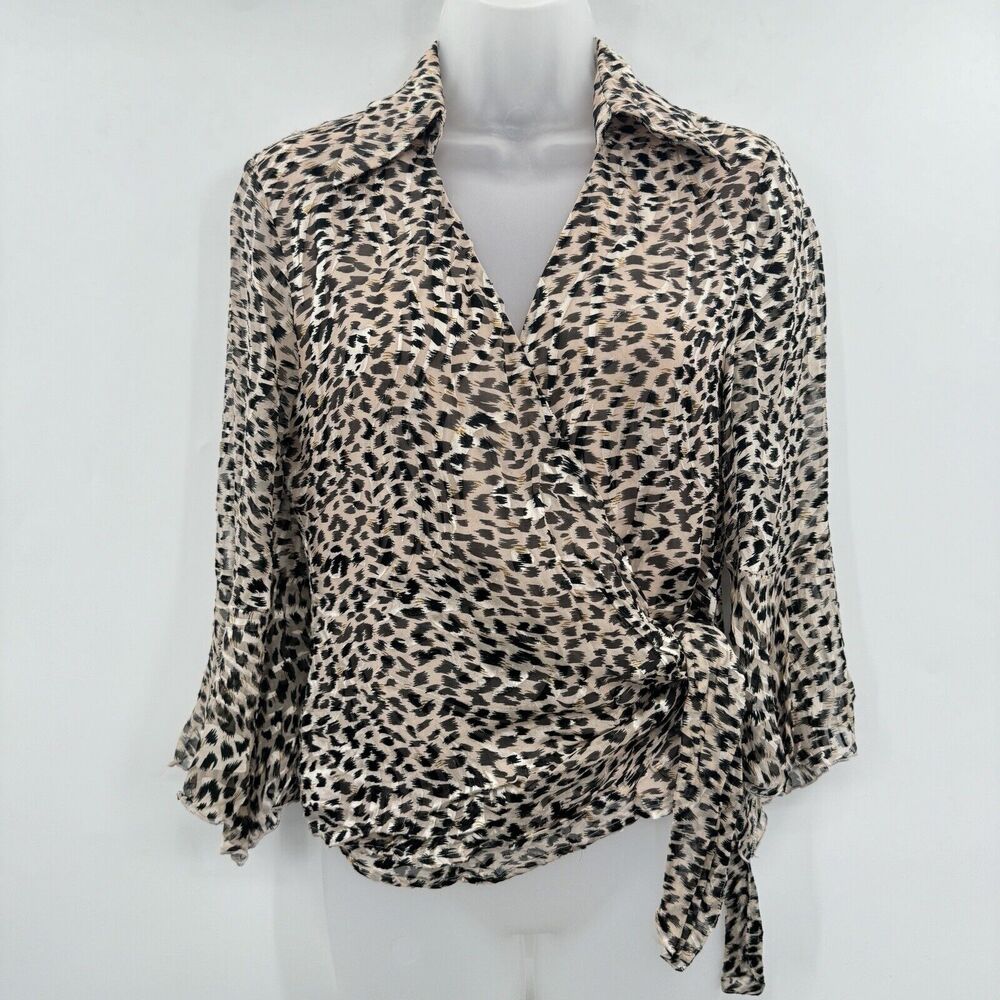 VTG Anne Carson Silk Animal Print Wrap Top Size S Brown Old Money Mob Wife